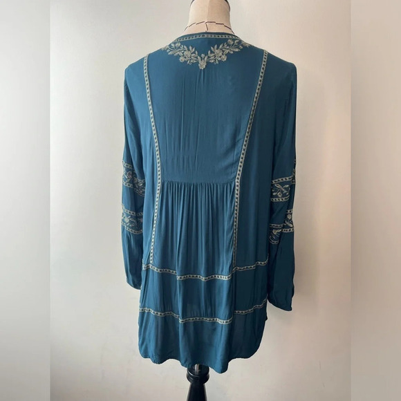 J. Jill Vicose Teal Peasant Style Tunic Blouse, Green Embroidery relaxed sz S - Picture 5 of 10